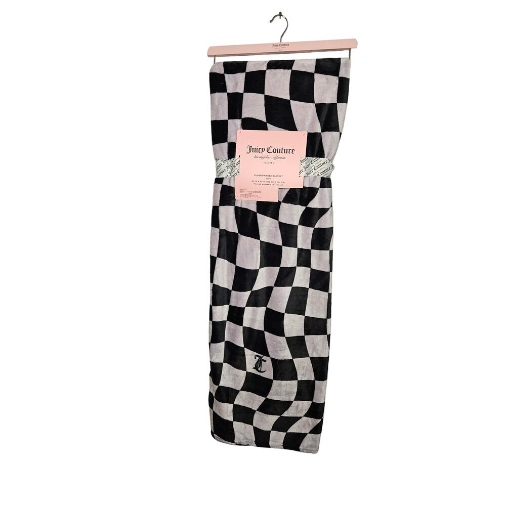 Juicy Couture Plush Printed Twin Blanket NWT Black Checkered Logo Soft